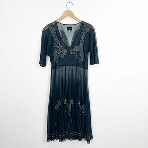 Johnny Was BIYA Women’s Charcoal Grey Stretch Sheer Floral Embroidered Midi Dres